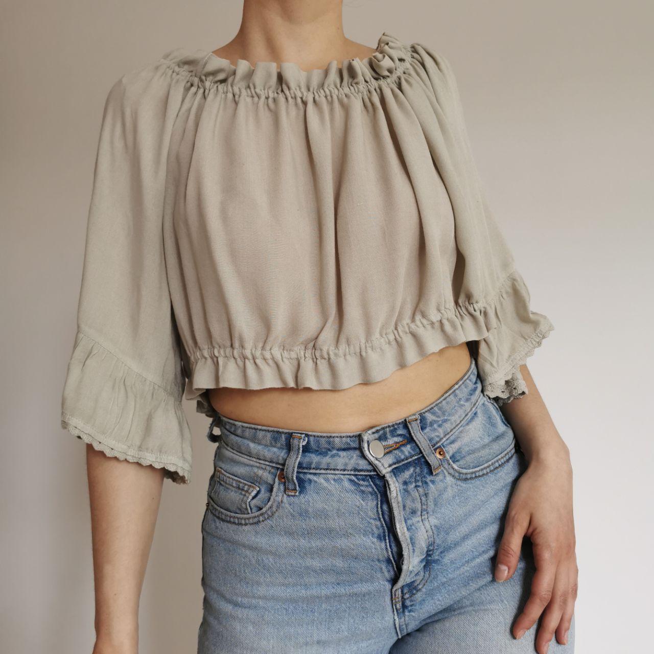Vintage Grey Ruffle Bardot Crop Blouse