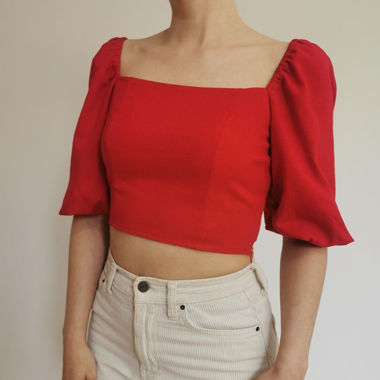 Red Crop Blouse with Puff Balloon Sleeves