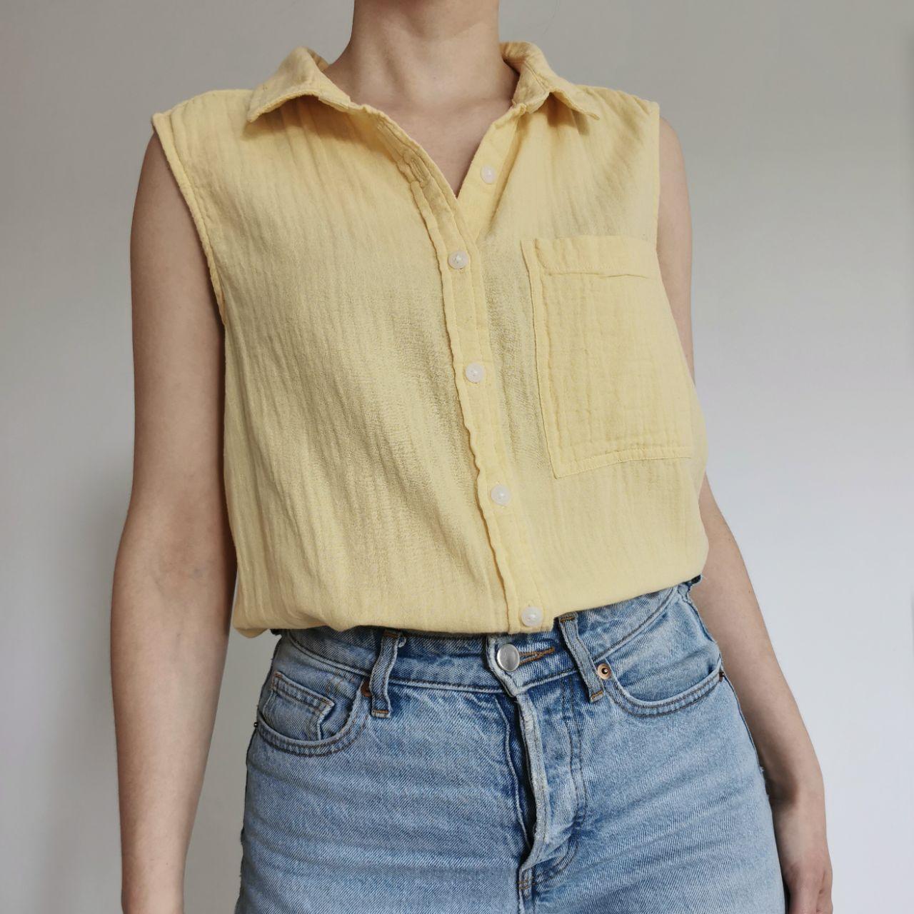 Pastel Yellow Sleeveless Crinkle Cotton Shirt