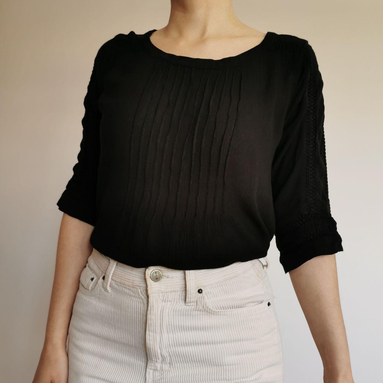 Black Pleated Mixed-Media Top with Lace Sleeves
