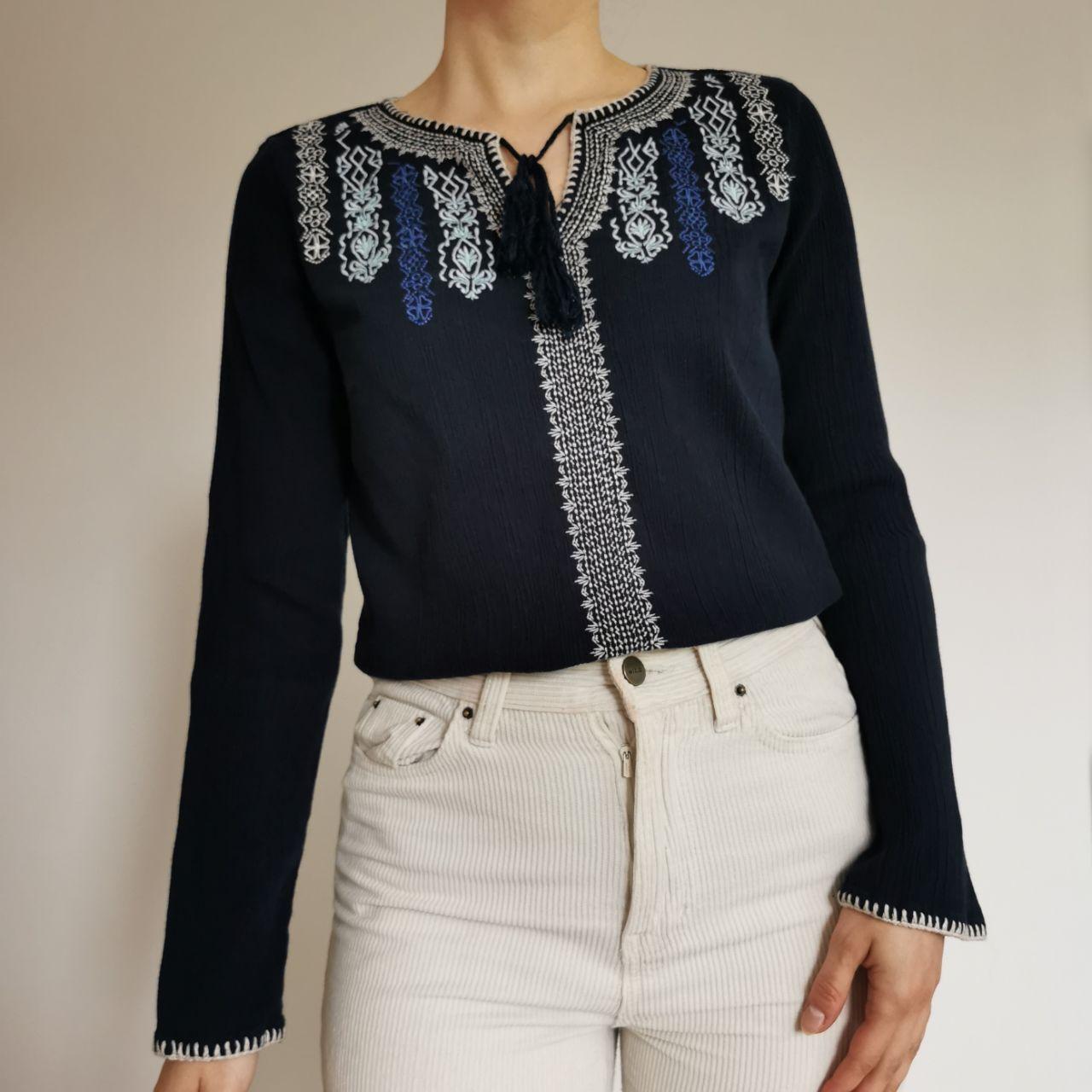 Vintage Navy Embroidered Boho Crinkle Blouse