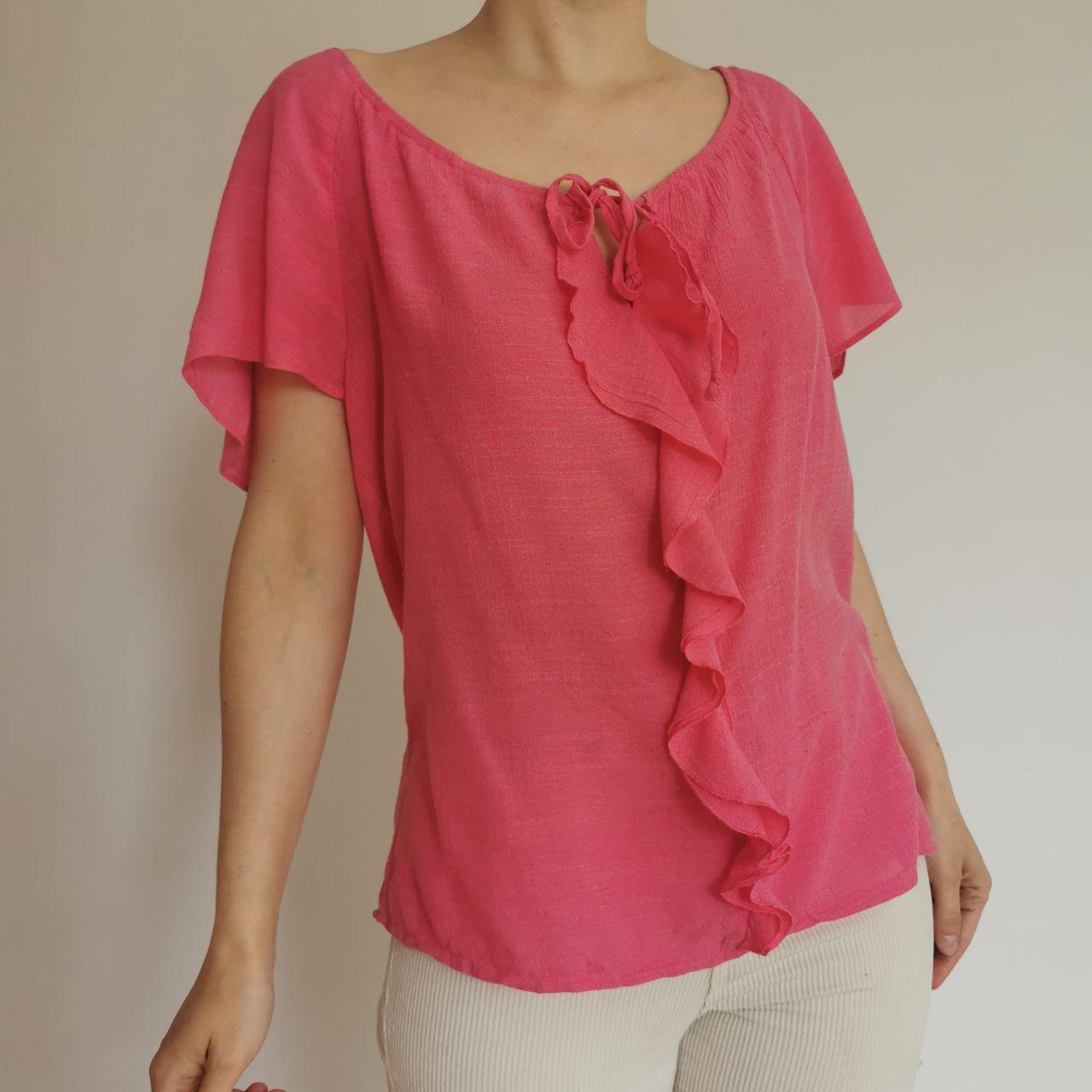 Bright Pink Ruffle Front Blouse