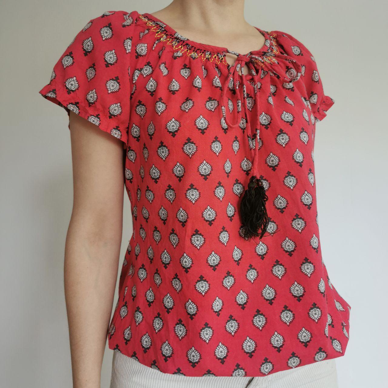 Boho Pink Abstract Leaf Print Peasant Blouse with Tassels
