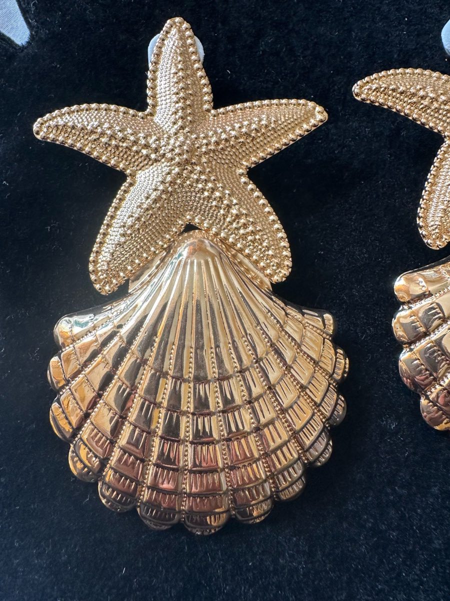 Gold Starfish Seashell Statement Earrings | Beach Coastal Summer Holiday Jewellery | New