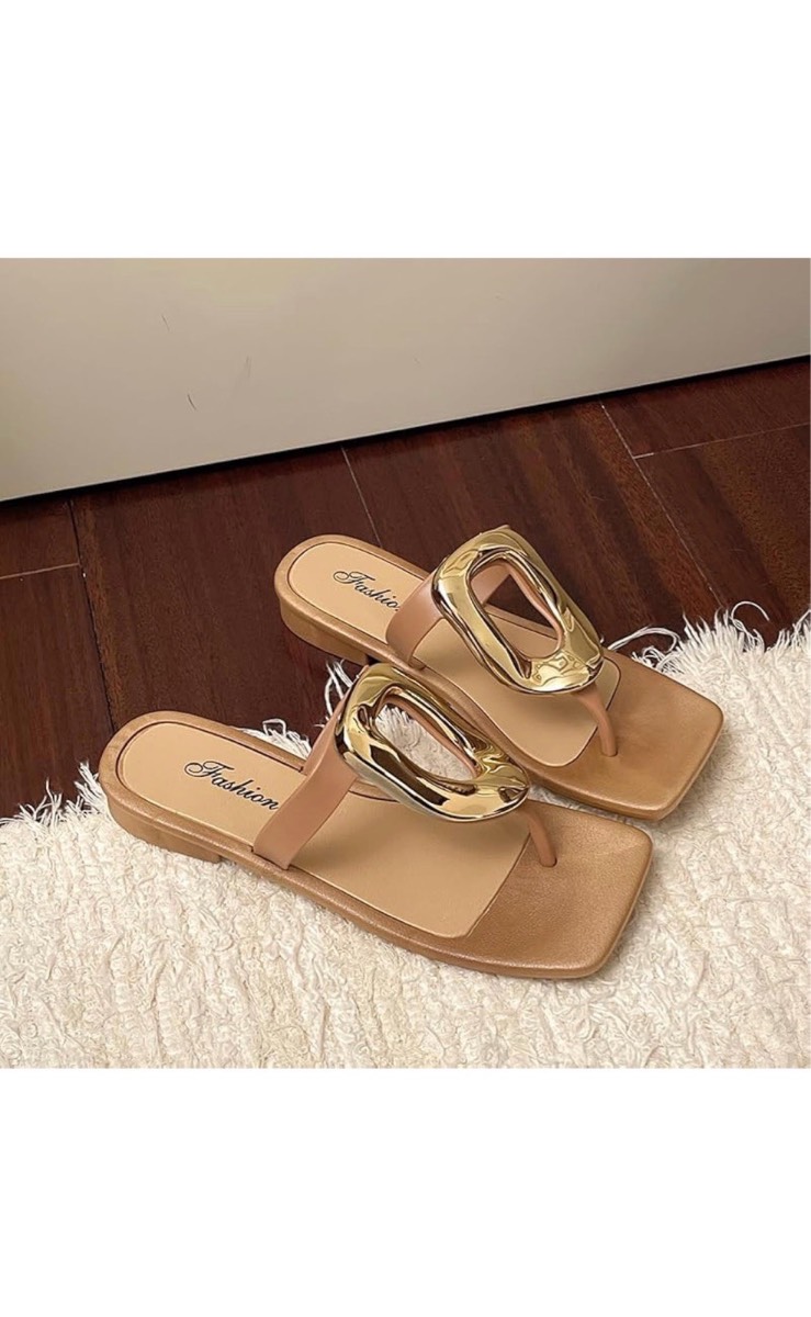 Brown Flat Slide Sandals Gold Buckle Slip On Summer Beach Holiday Y2K UK 5