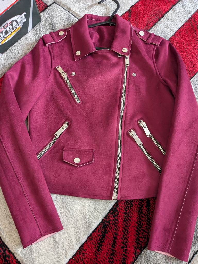 River Island Women’s Biker Jacket UK 8 Burgundy Faux Suede Zip Pockets