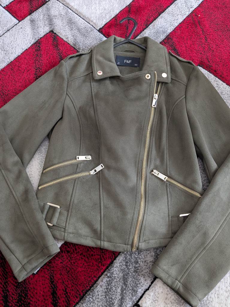 F&F khaki suede biker jacket gold Asymmetric zip collar Y2K UK 8