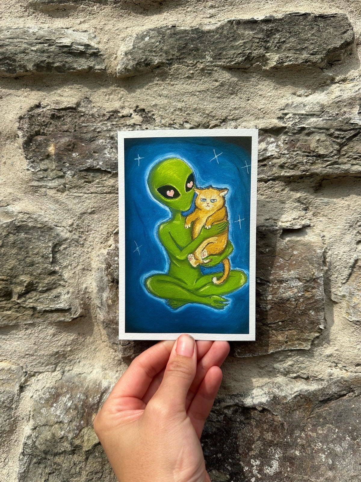 Alien and cat oil pastel art print