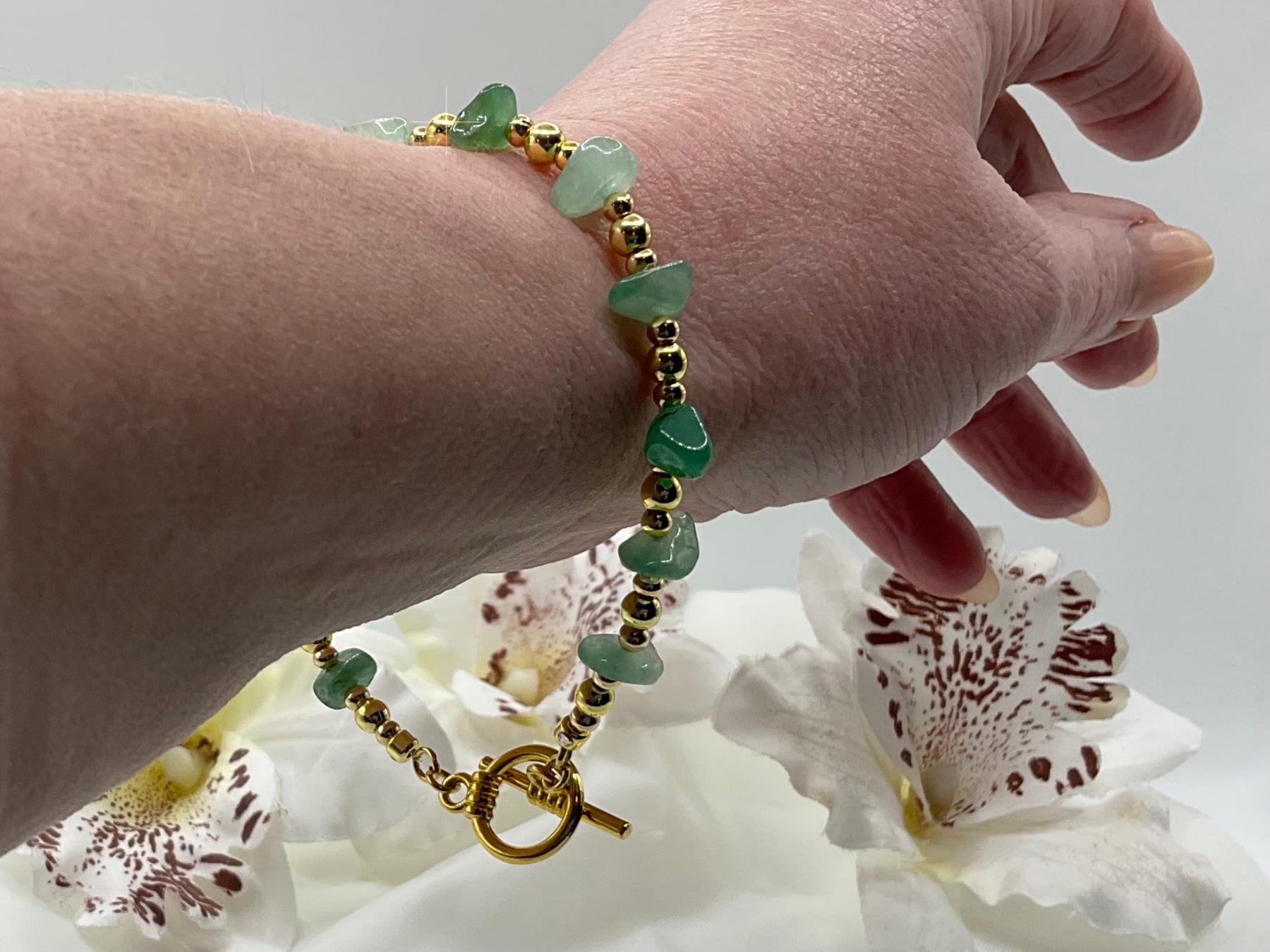Green Aventurine & 18K Gold Plated Beaded Bracelet 19cm