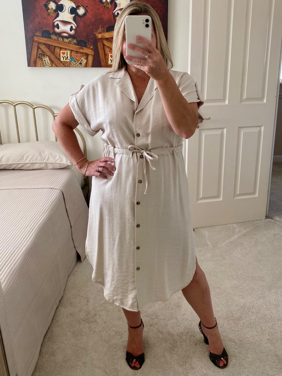 Shirt Dress Stone One Size 8-16 Button Front Tie Waist Summer BNWT