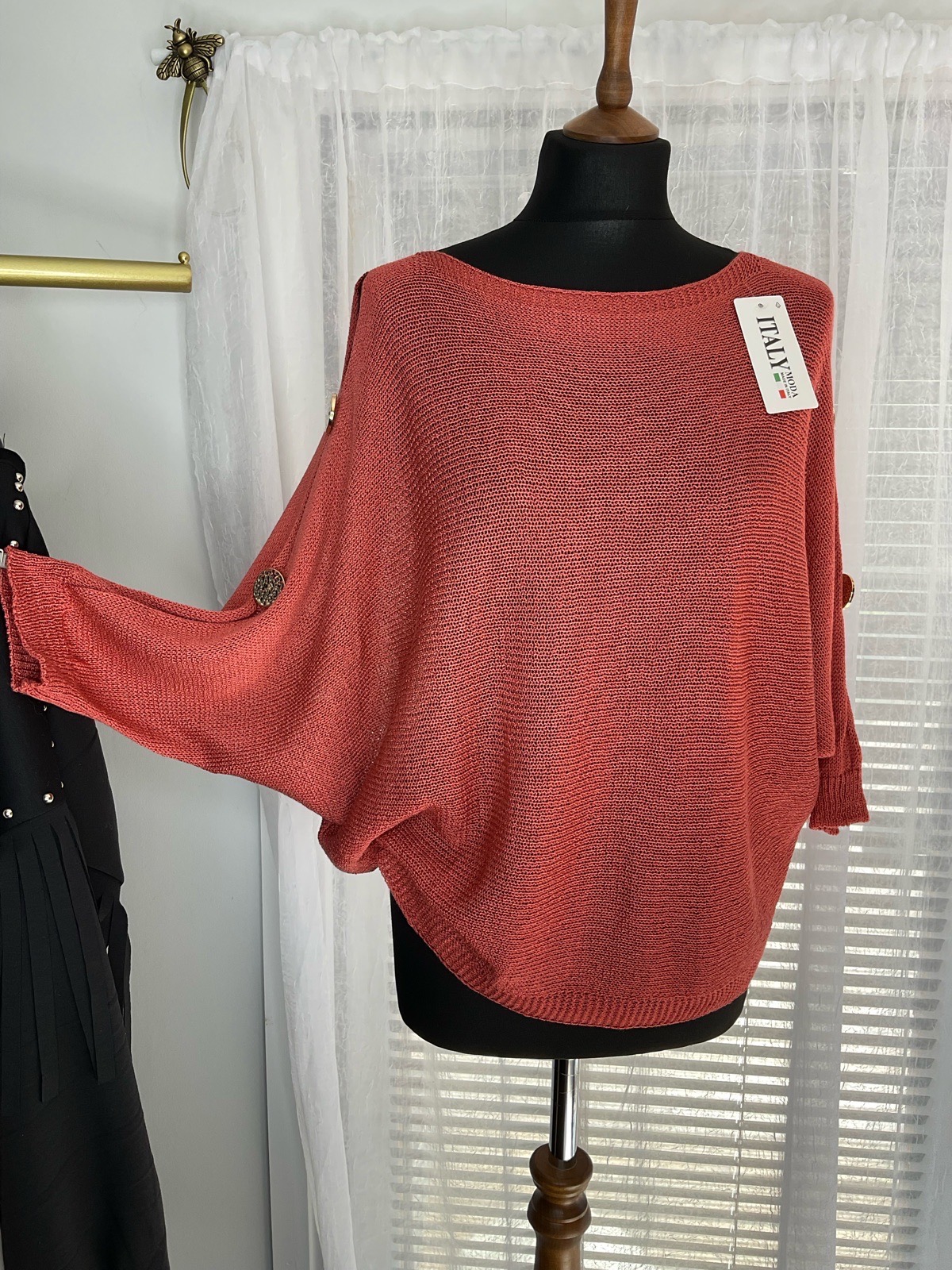 Open Knit Batwing Button Detail 3/4 Length Sleeve Top. One size 8-16. Terracotta