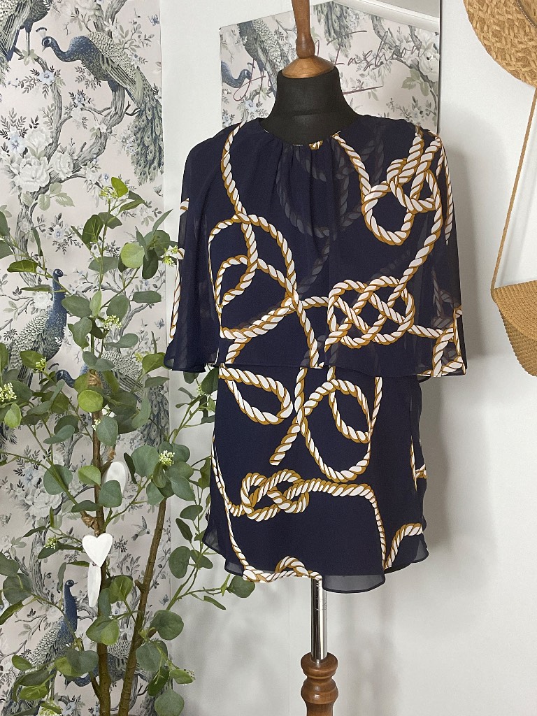 ZARA Sheer Cape Overlay Blouse – Size S – Navy Rope Print