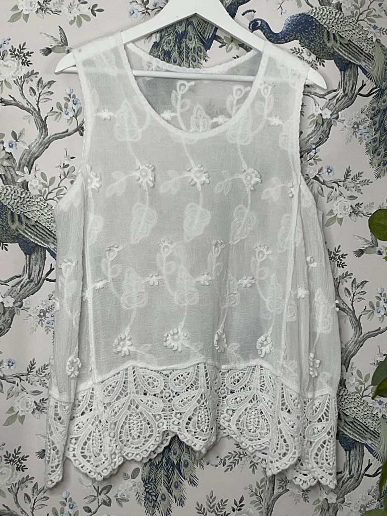 White cotton vest top with embroidered and crocheted detailing. One size 8-16