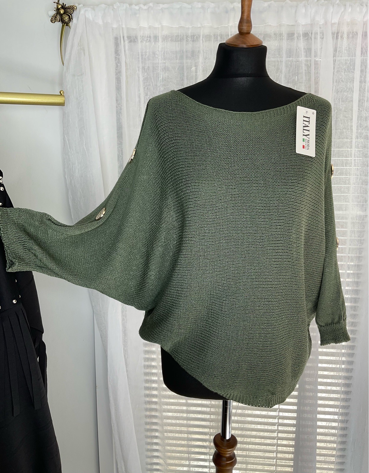 Open Knit Batwing Button Detail 3/4 Length Sleeve Top. One Size 8-26. Khaki