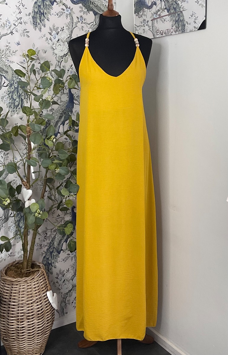 Strappy maxi dress with crisscross back straps and side splits. Mustard. One size 8-14