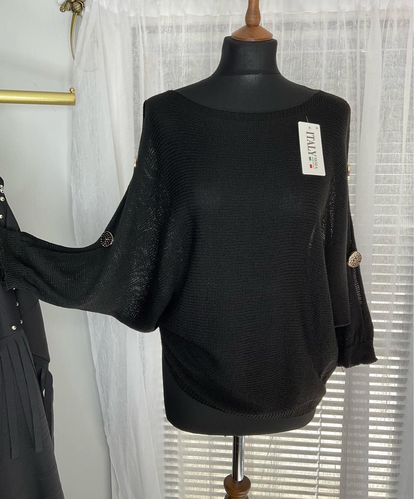 Open Knit Batwing Button Detail 3/4 Length Sleeve Top. one size 8-16. Black