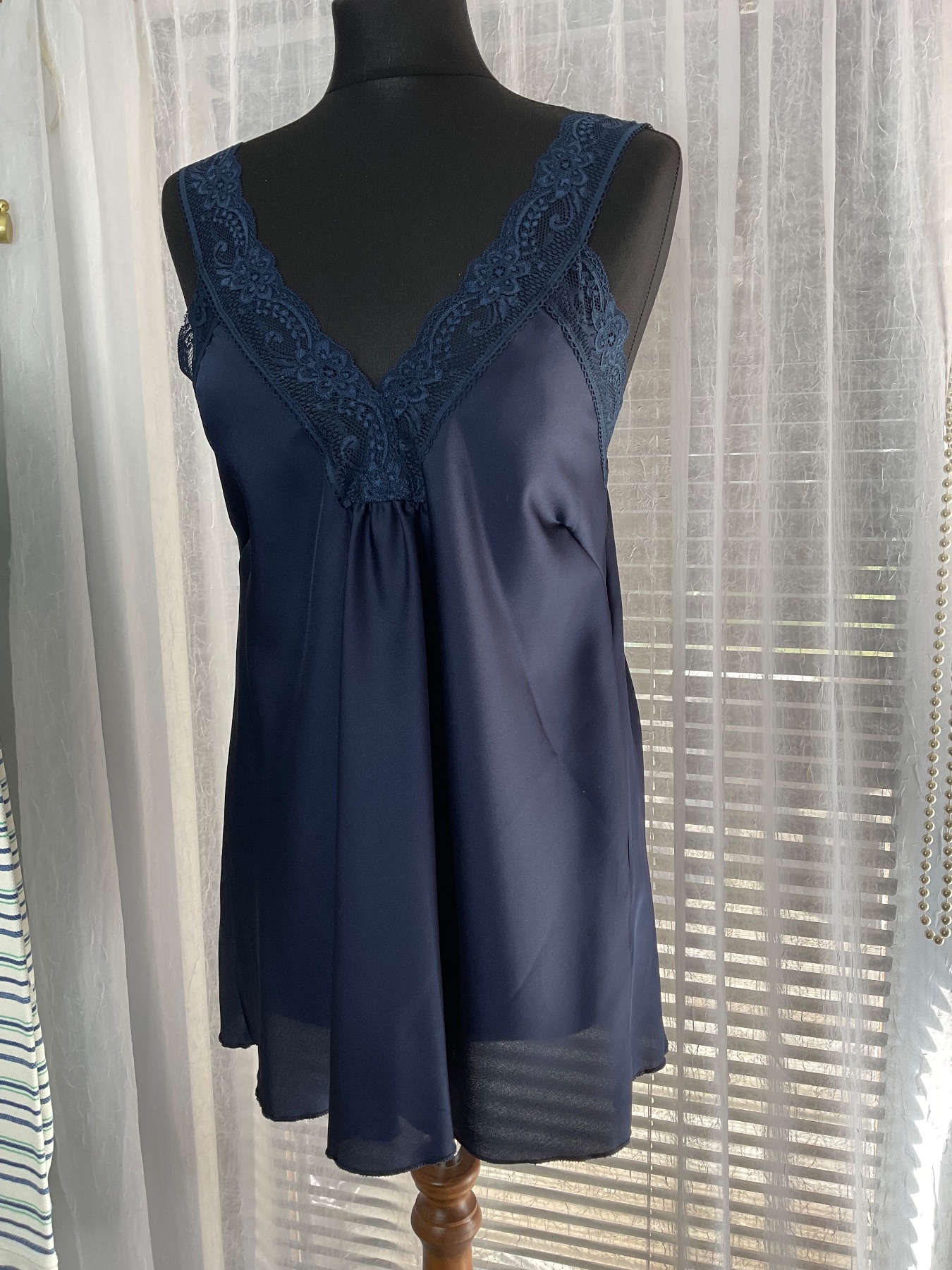 Lace Trim Silky Camisole Top. Navy. One Size 8-16