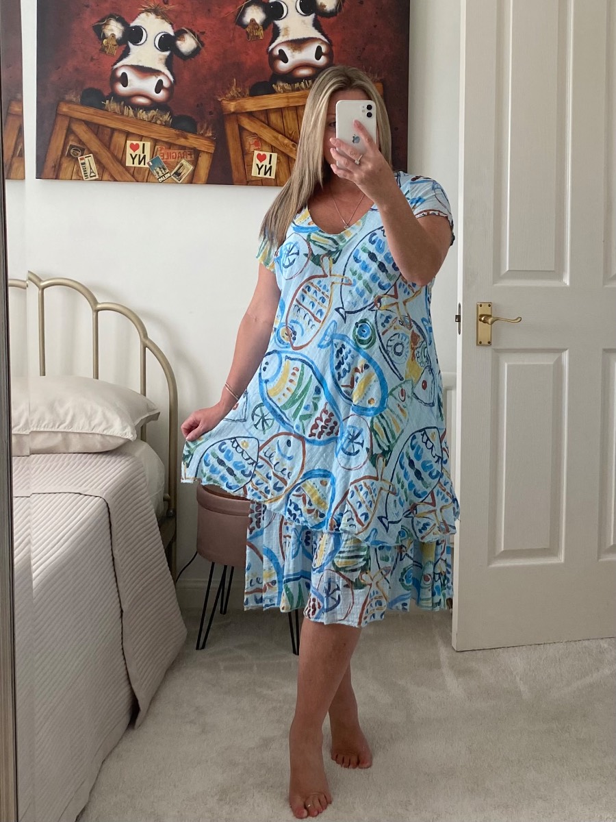 Linen Fish Print Summer Dress. One Size 8-16. Holiday Style