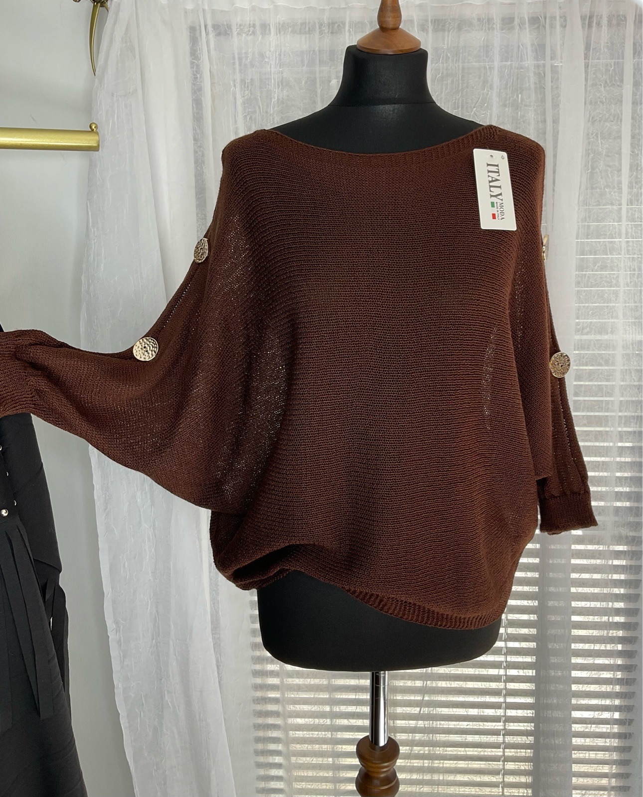 Open Knit Batwing Button Detail 3/4 Length Sleeve Top. One Size 8-16. Brown