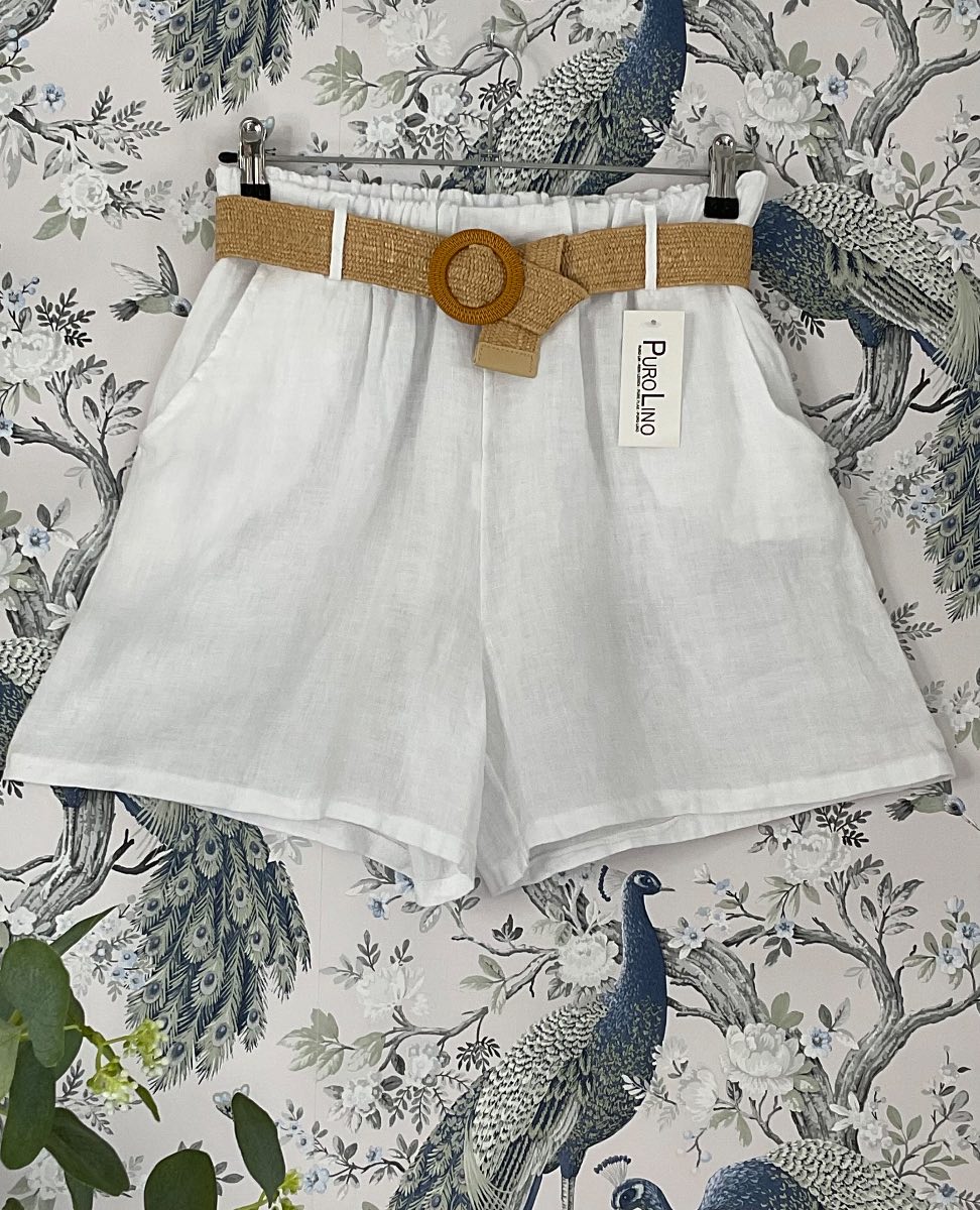 White Linen Shorts with Elasticated waist with belt and pockets