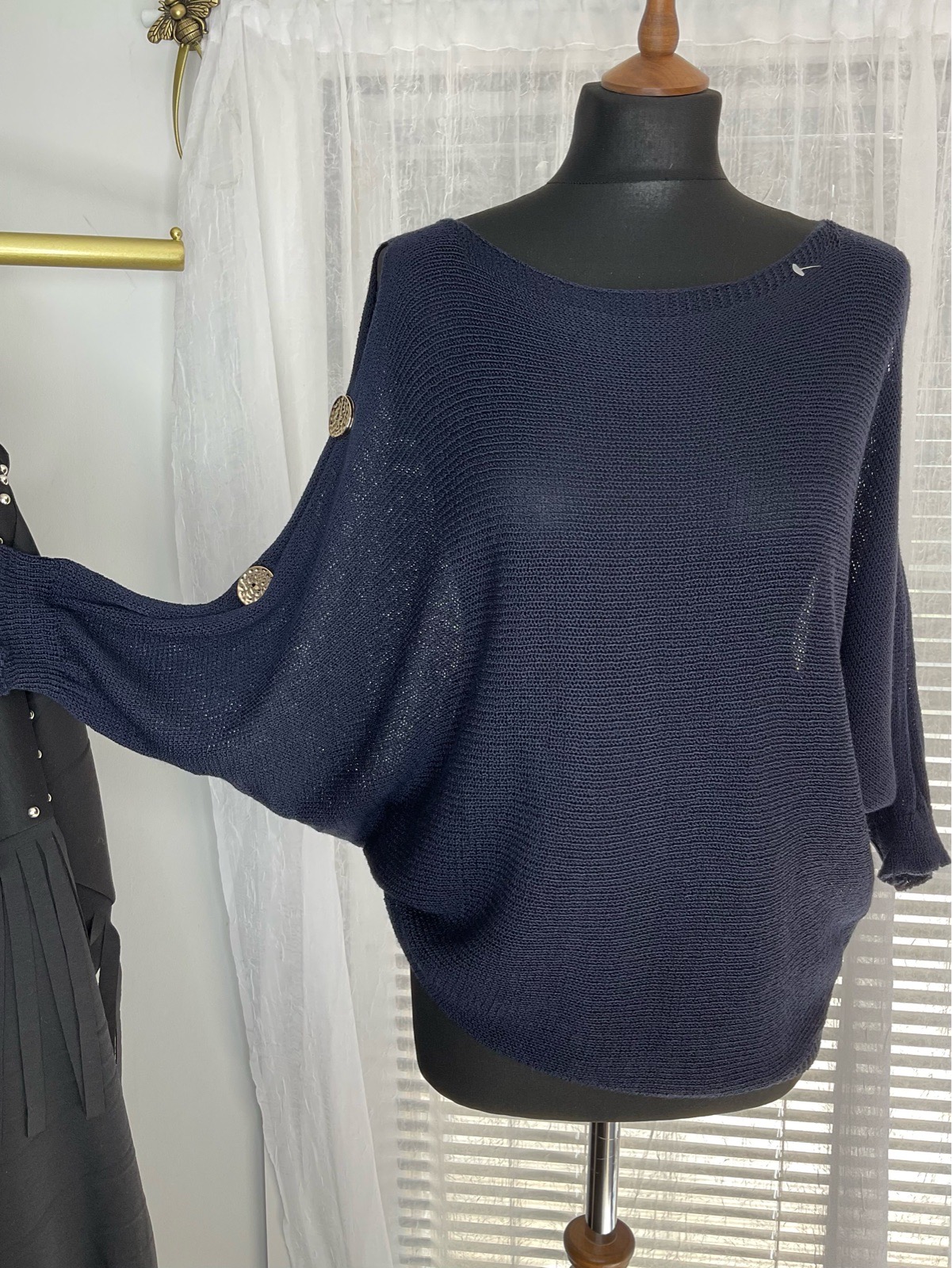 Open Knit Batwing Button Detail 3/4 Length Sleeve Top. One Sizev8-16. Navy