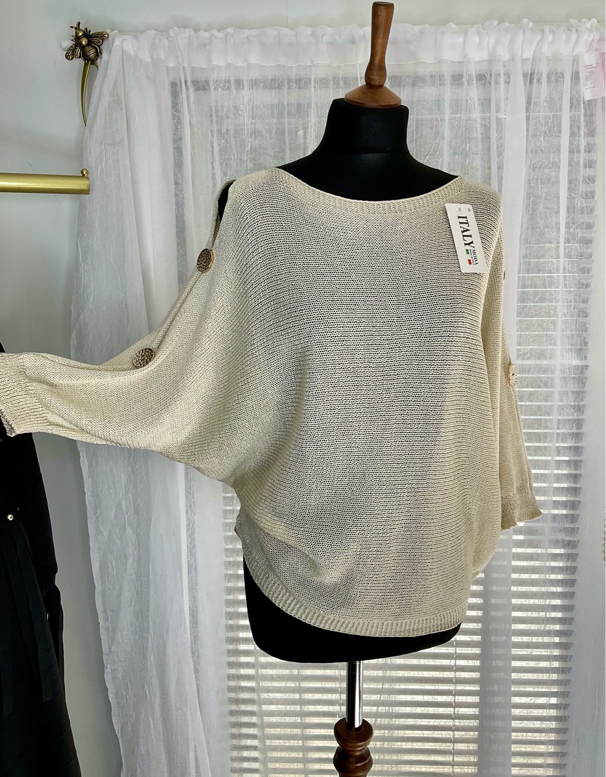 Open Knit Batwing Button Detail 3/4 Length Sleeve Top. One Size 8-16. Cream