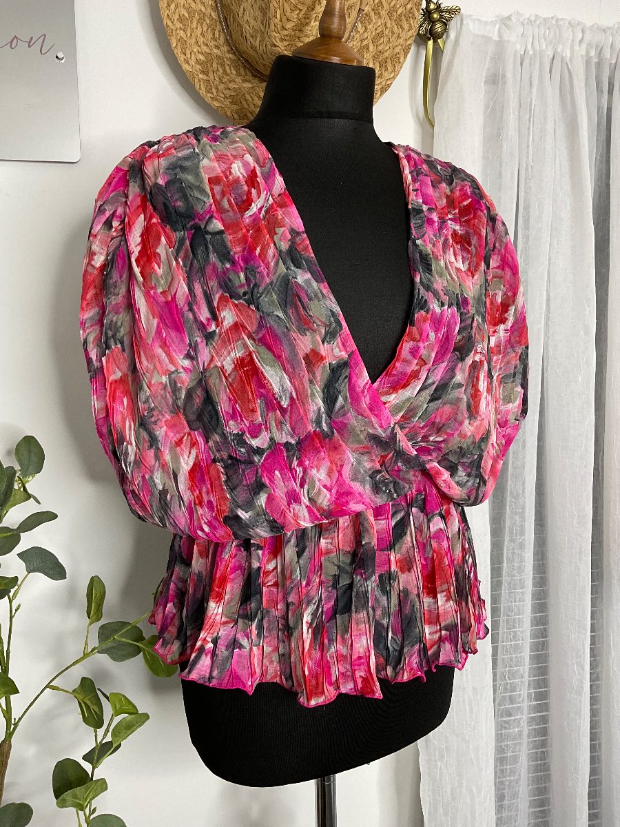 Vintage sheer pleated peplum blouse. Size 14. Romantic Style