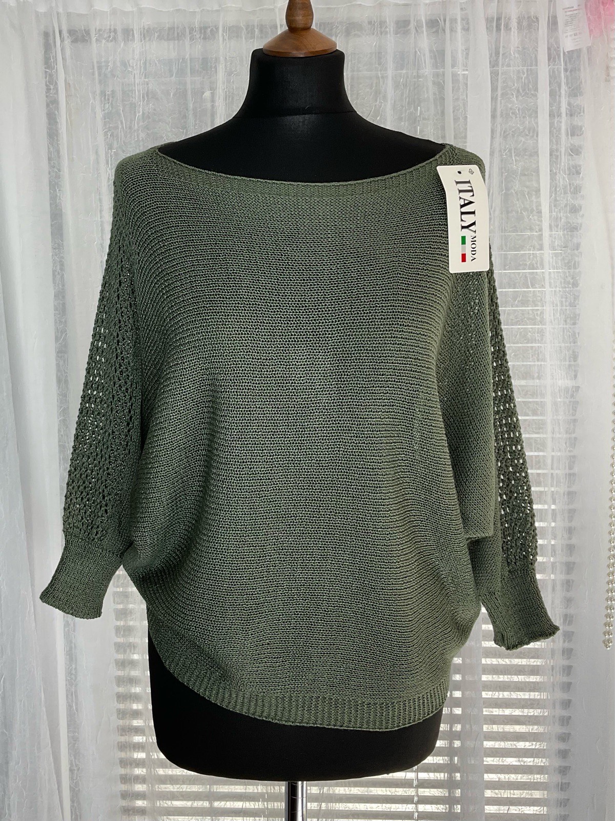 Open Knit Batwing Top. Bow Detail Back. One Size 8-16. Khaki