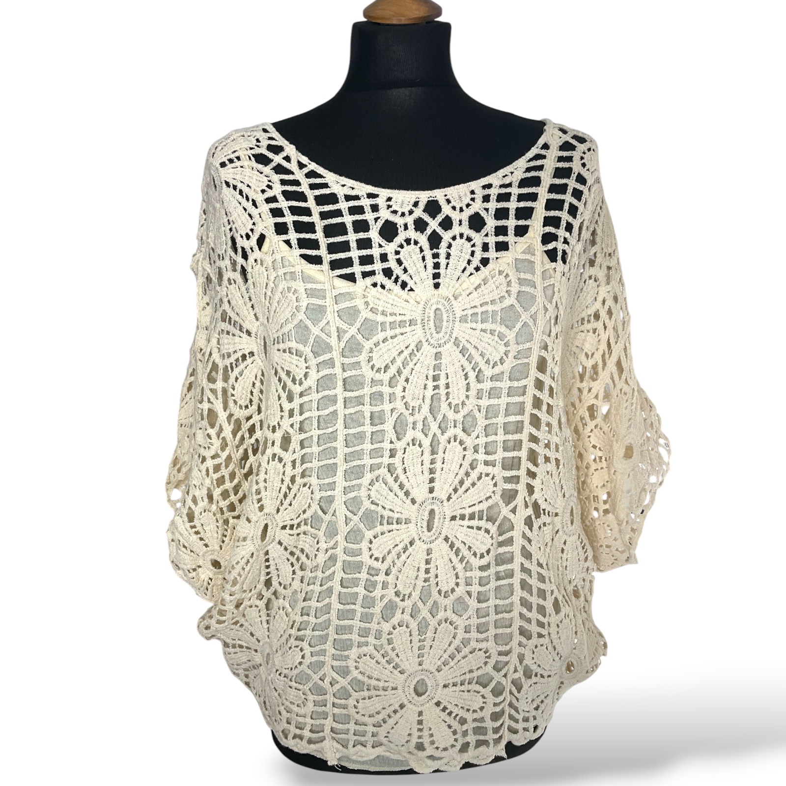 Boho Crocheted Cotton Top. Batwing Sleeves. One Size 8-16/18