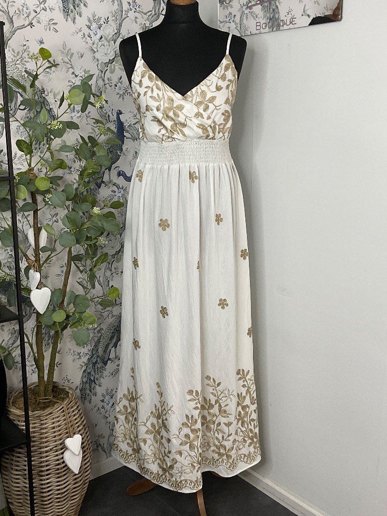 Maxi Dress White & Gold Embroidered Size 12-16. Summer Holiday. Boho