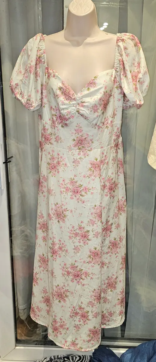 Cream/Pink Floral Summer dress - 14 (L) Cider