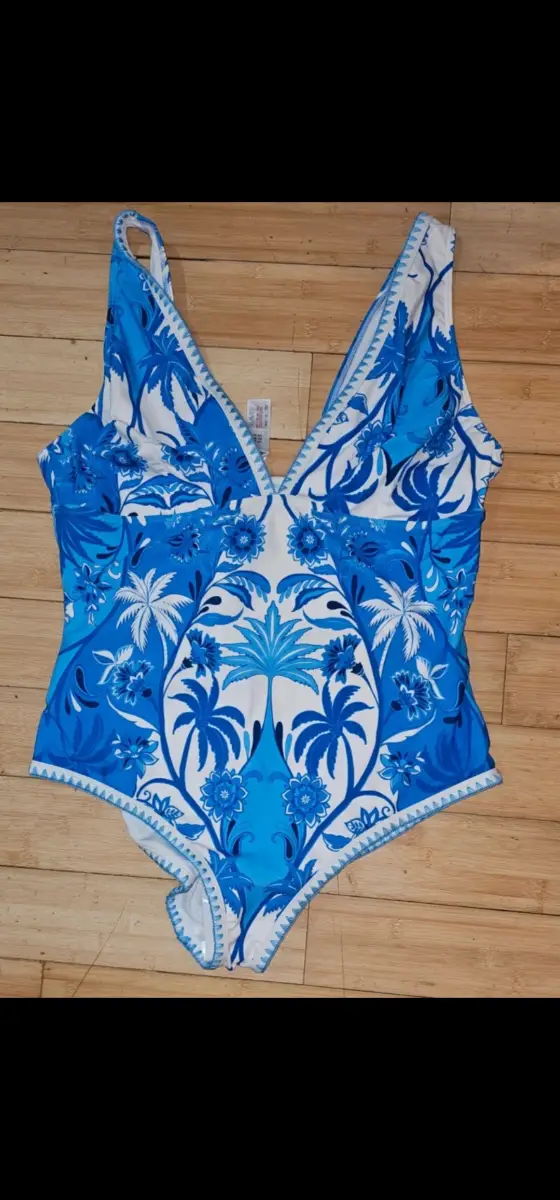 Blue Floral Swimming Costume - 22/24- Figleaves