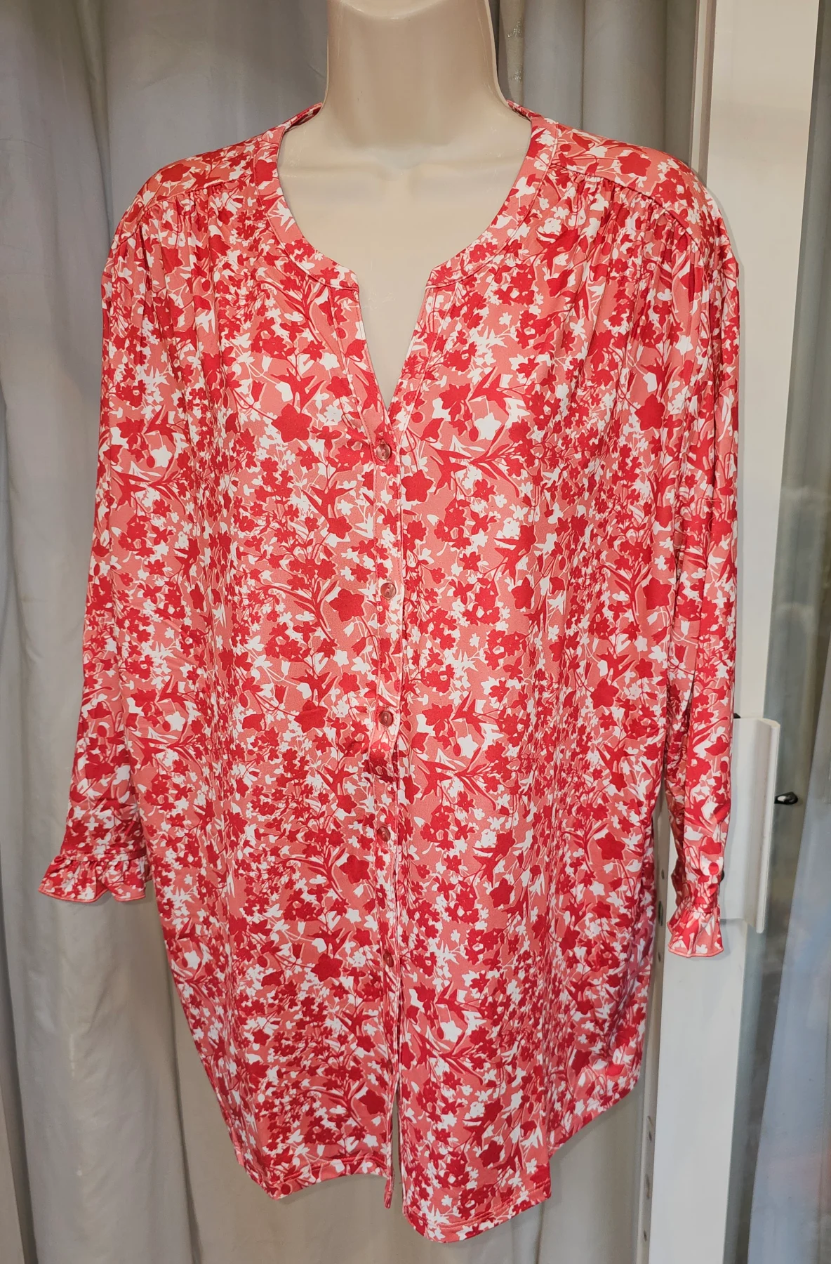 Coral/ White Floral Ruffle Edge Blouse - 22/24- Damart