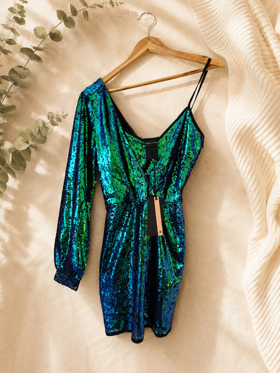 Marc Ellis Green Blue Sequin One Shoulder Mini Dress BNWT Size S 0009