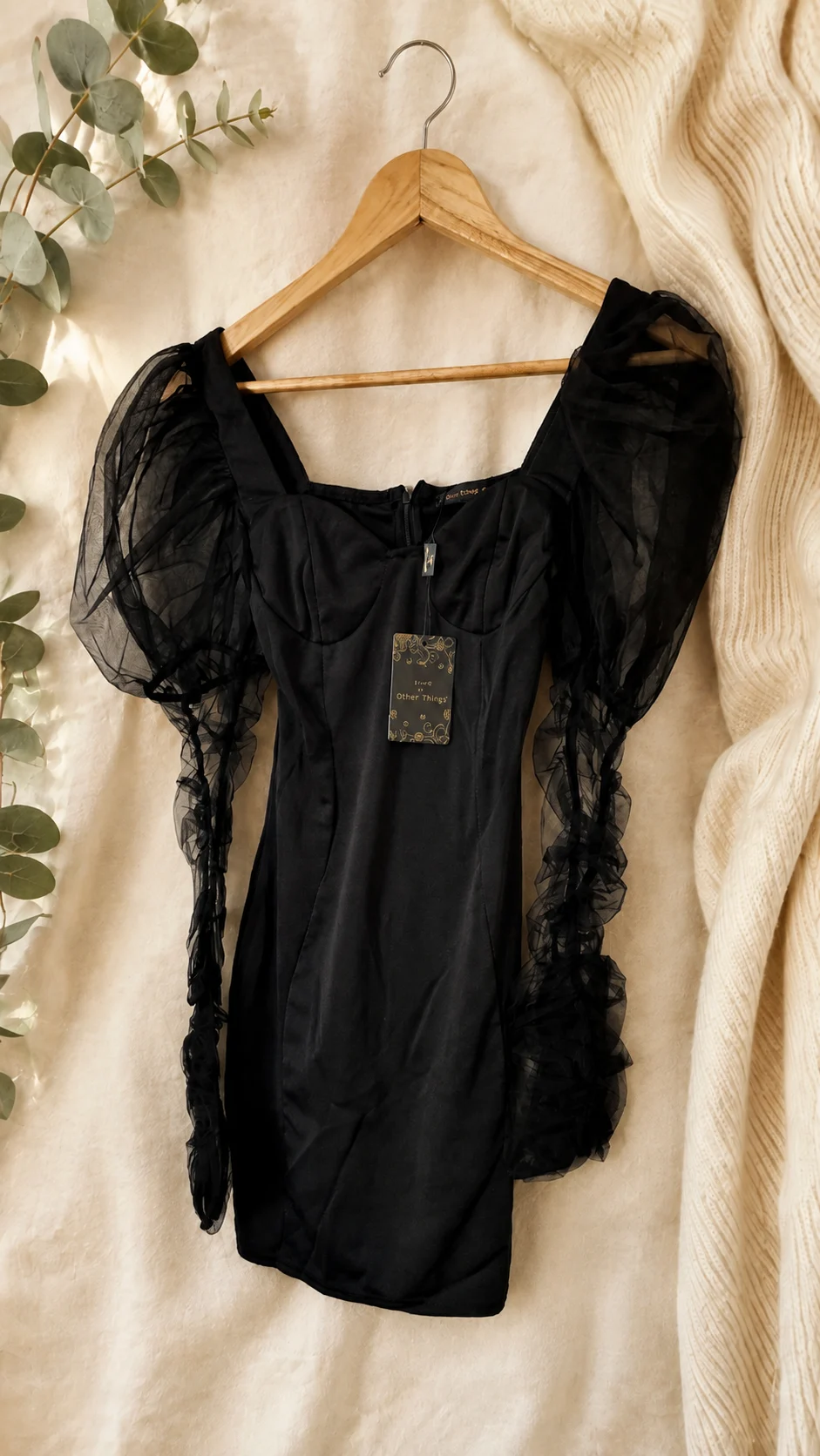 Love & Other Things Black Corset Mini Dress UK 6 Sheer Puff Sleeves BNWT (B18)
