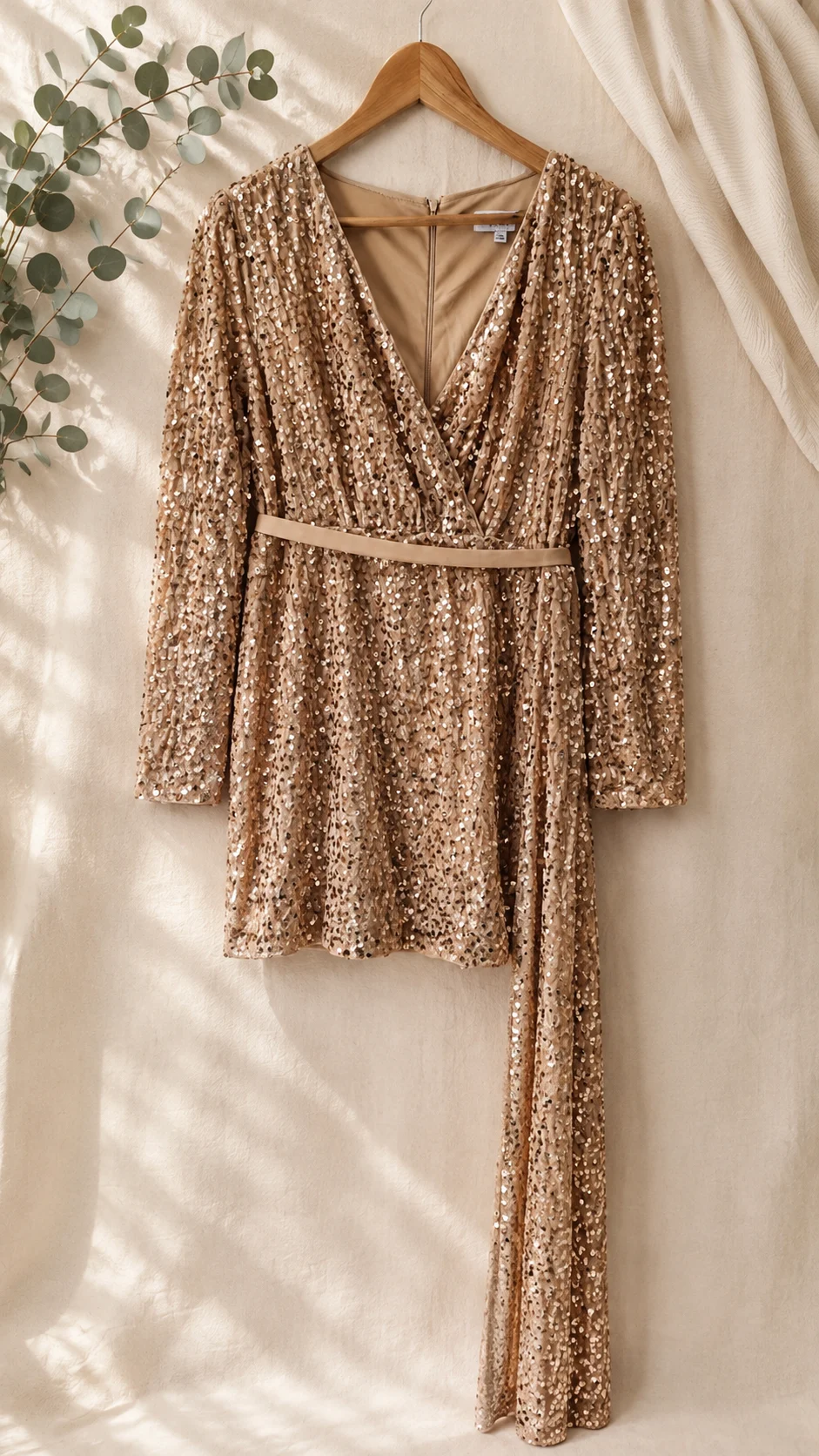 Faeriesty Gold Sequin Wrap Mini Dress Size L Long Sleeve Party Evening B53
