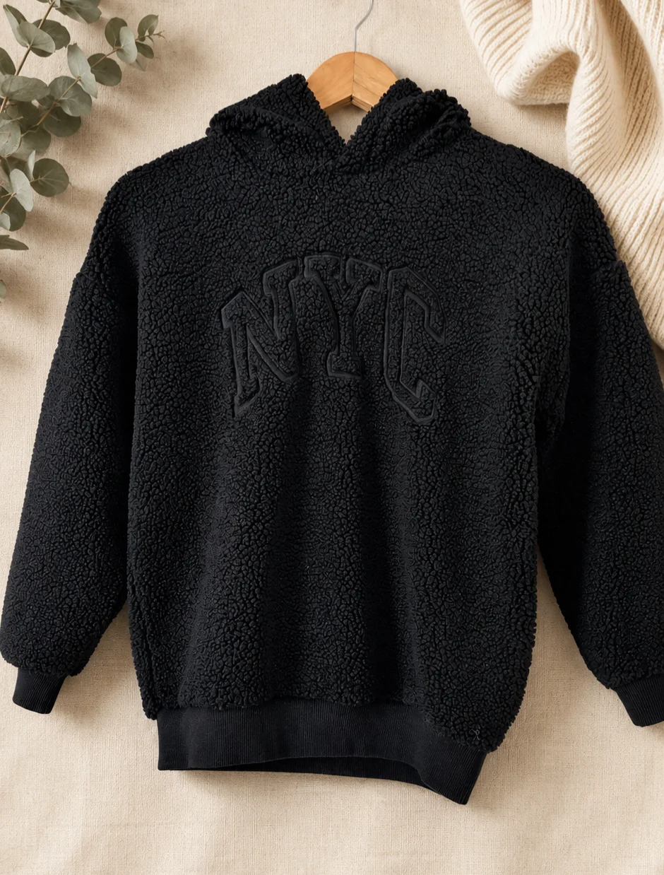 M&S Kids Black Borg Sherpa NYC Hoodie Age 9-10 Years 0094