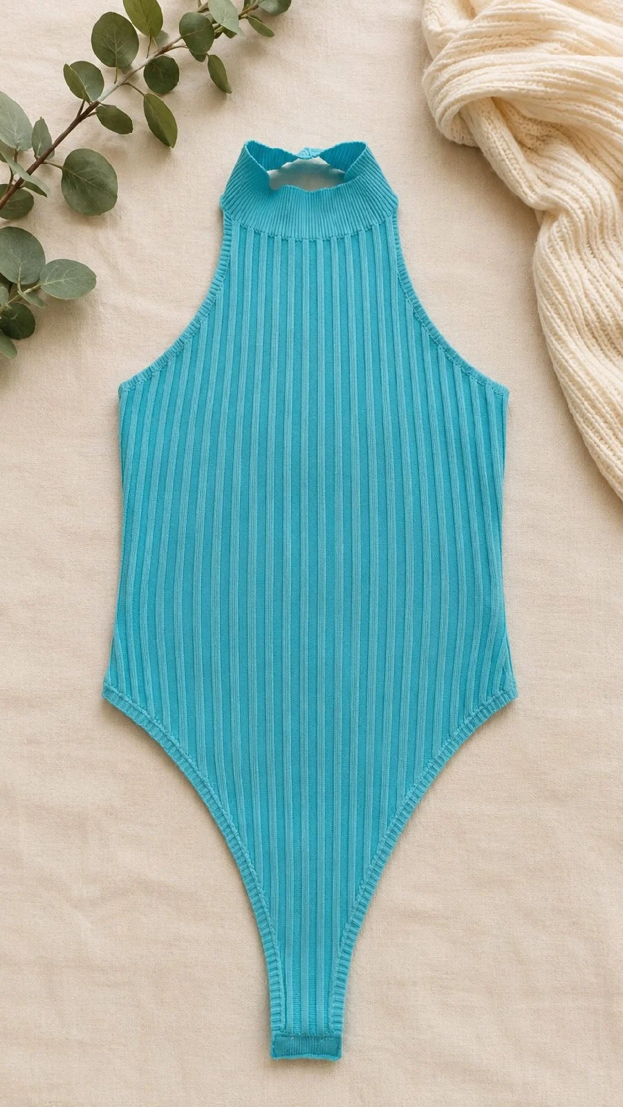 Missguided Petite Blue Ribbed Racer Neck Bodysuit Size M BNWT B37