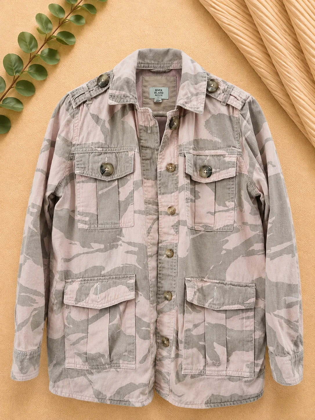 Rose & khaki camouflage river island petite jacket size 10