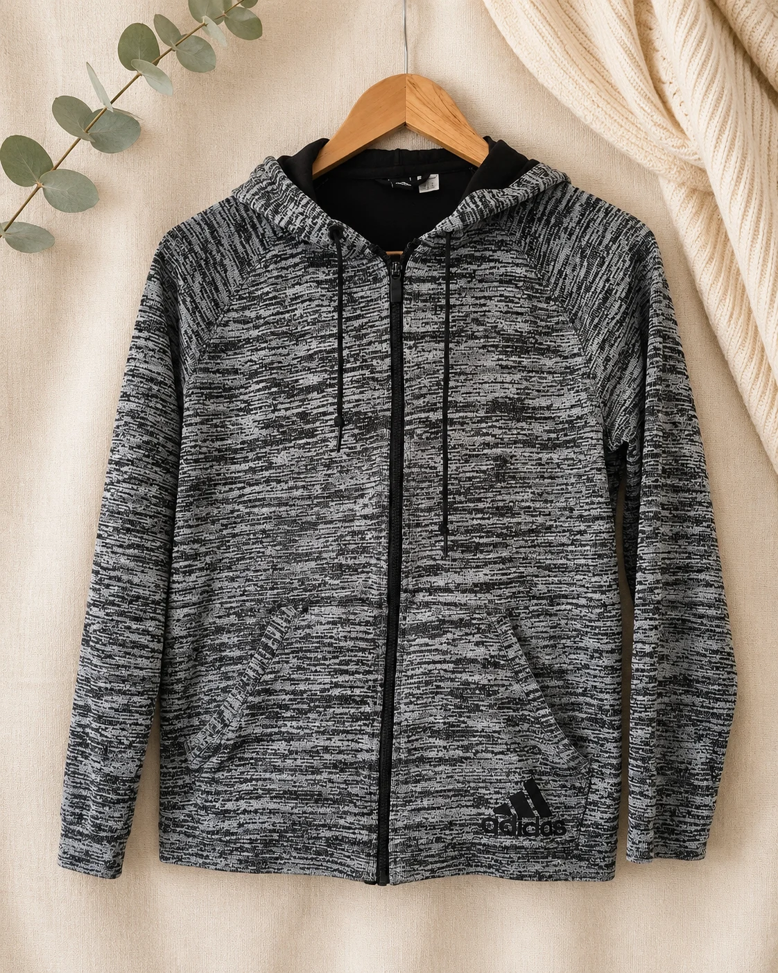 Adidas Grey Black Marl Full Zip Hoodie 3-Stripes Sportswear B58