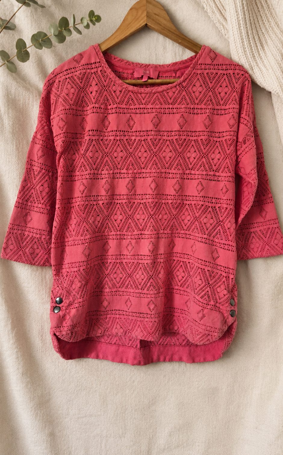 Next Coral Pink Crochet Lace Top UK 12 Cotton Blend 3/4 Sleeve