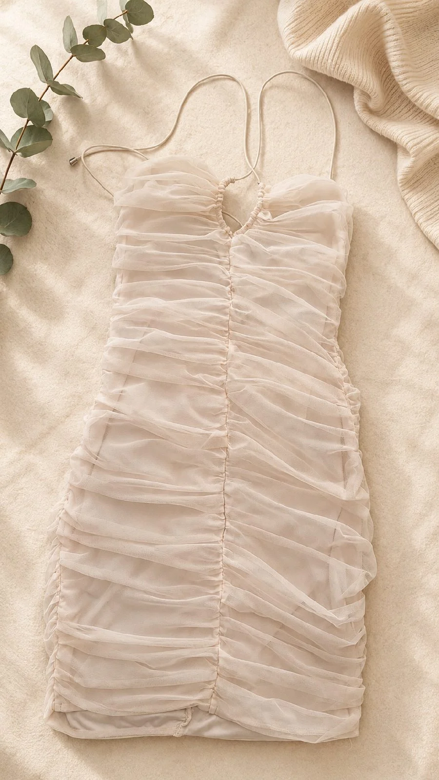 Oh Polly Ivory Ruched Mesh Halter Neck Bodycon Mini Dress UK 8 B36