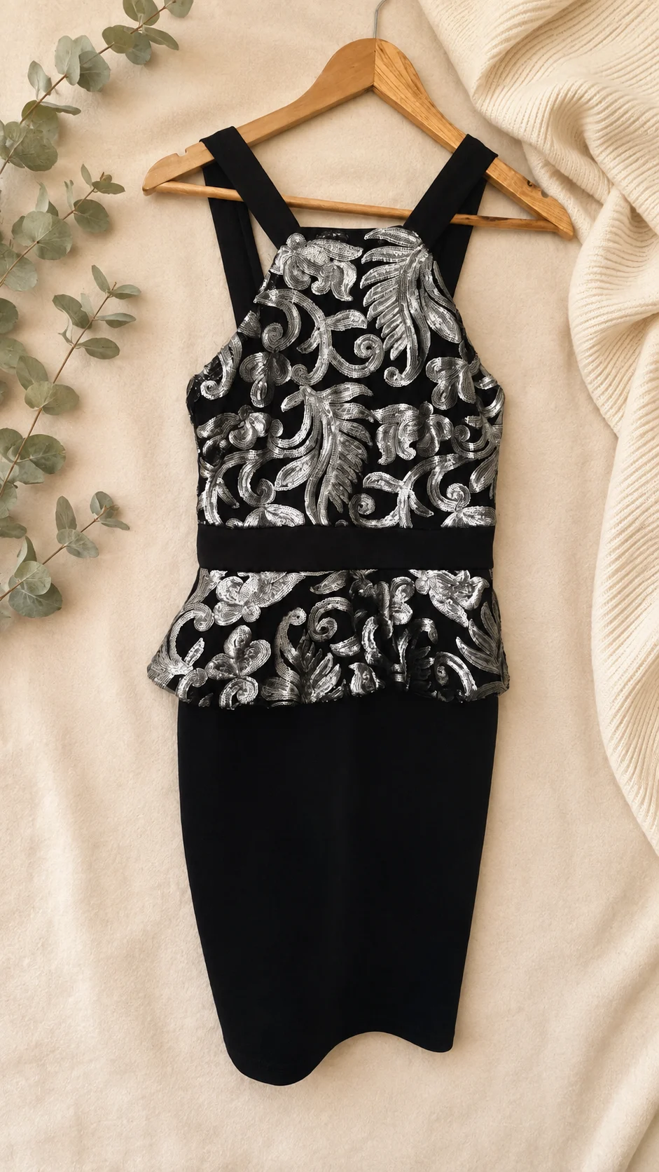 Eve Couture Gold Collection Black Silver Sequin Peplum Dress UK 10 BNWT (B17)