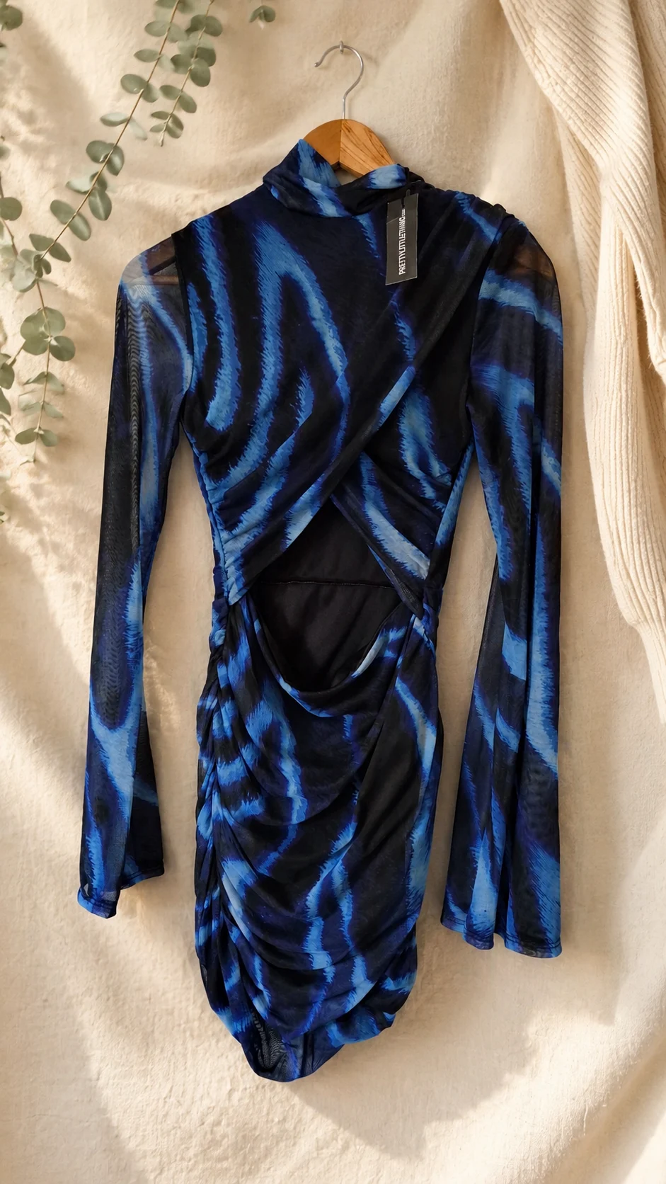 PrettyLittleThing Blue Abstract Print Mesh Cut Out Bodycon Dress UK 10 BNWT (B20)