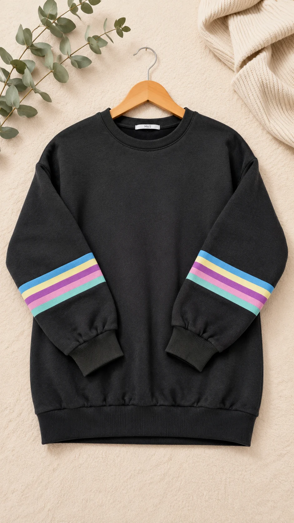 M&S Girls Black Rainbow Stripe Sleeve Sweatshirt 9-10 Years 0103
