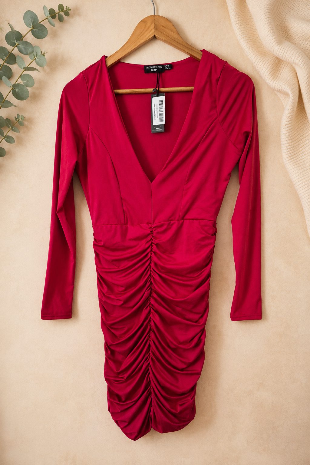 PrettyLittleThing Shape Red Slinky Ruched Mini Dress UK 12 BNWT B22