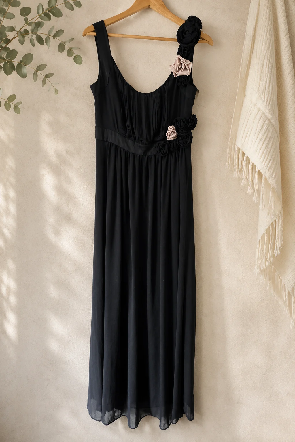 Next With Love Black Pleated Rosette Maxi Dress Size 12 Occasion Evening