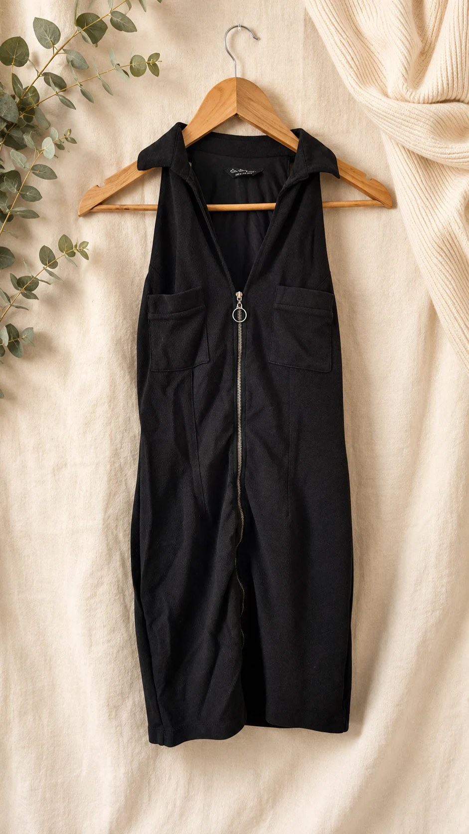 Miss Selfridge Black Sleeveless Zip Front Utility Midi Dress UK 8 (B19)