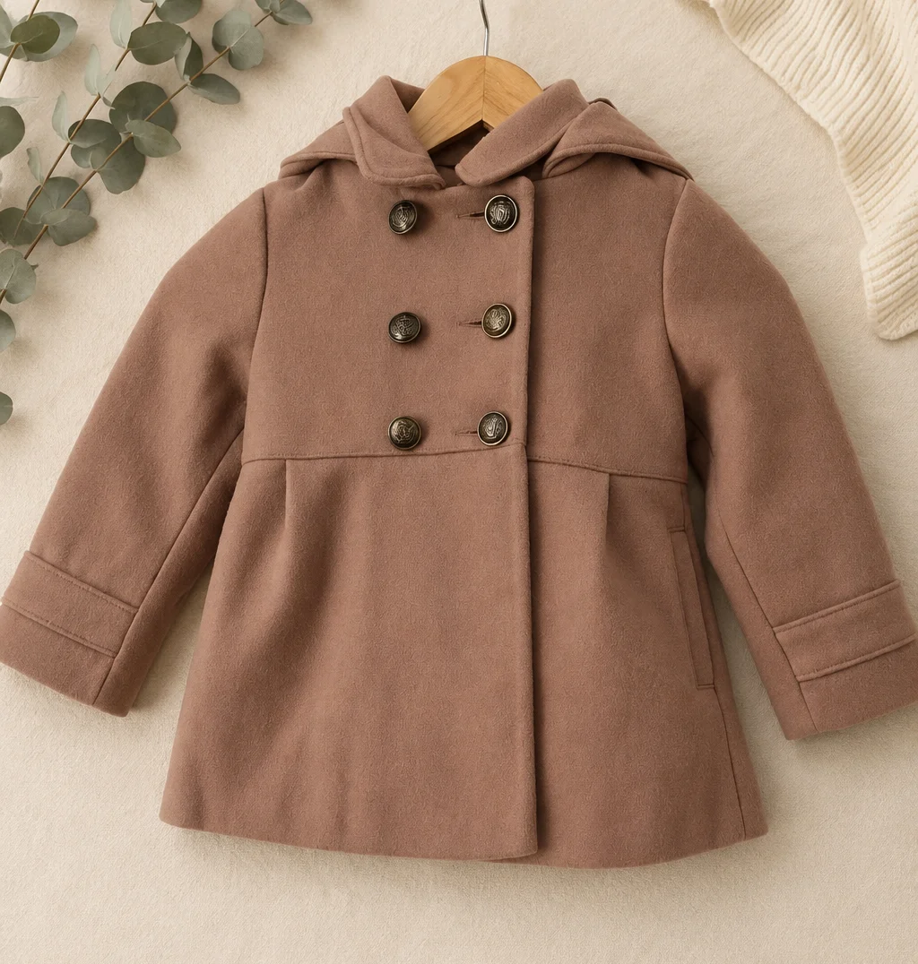 Next Girls Camel Wool Blend Hooded Coat 3-4 Years Double Breasted 0093