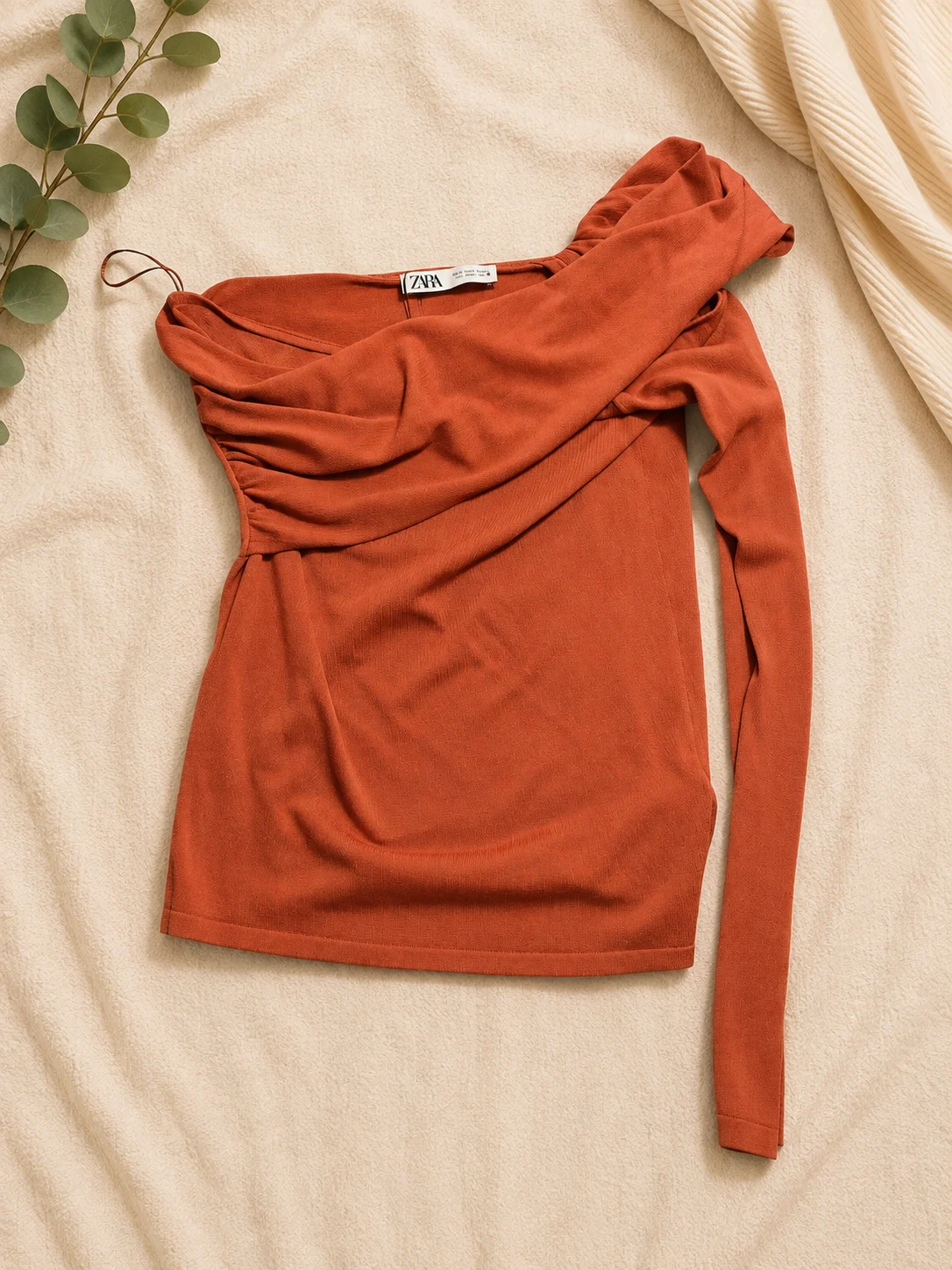 Zara terracotta one shoulder draped knit top